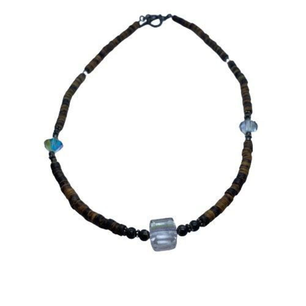 Unique Vintage Bovine Bone & AB Coated Prismatic Bead Necklace w/ Sterling Clasp